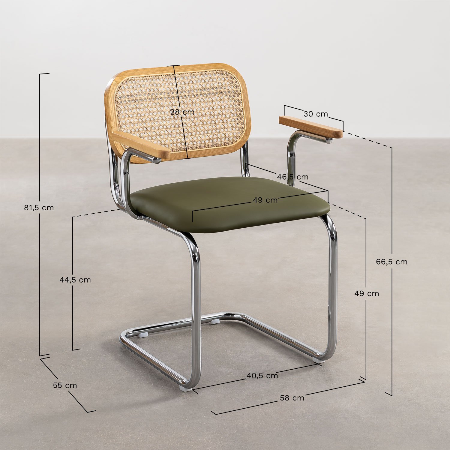 Lot de 4 chaises de salle à manger en similicuir Tento avec accoudoirs, mesures