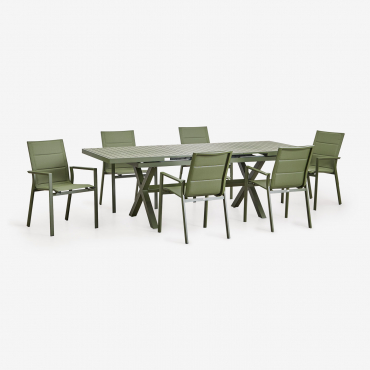 Set De Table De Jardin Rectangulaire Extensible 180-240x90 Cm Et 6 Chaises De Jardin Empilables Avec Accoudoirs En Aluminium Kar Vert Olive Intense -