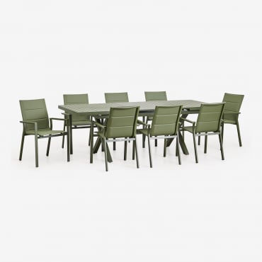 Ensemble Table Extensible Rectangulaire Karena 180-240x90 Cm Et 8 Chaises De Jardin Empilables Avec Accoudoirs En Aluminium Vert Olive Intense - Sklum