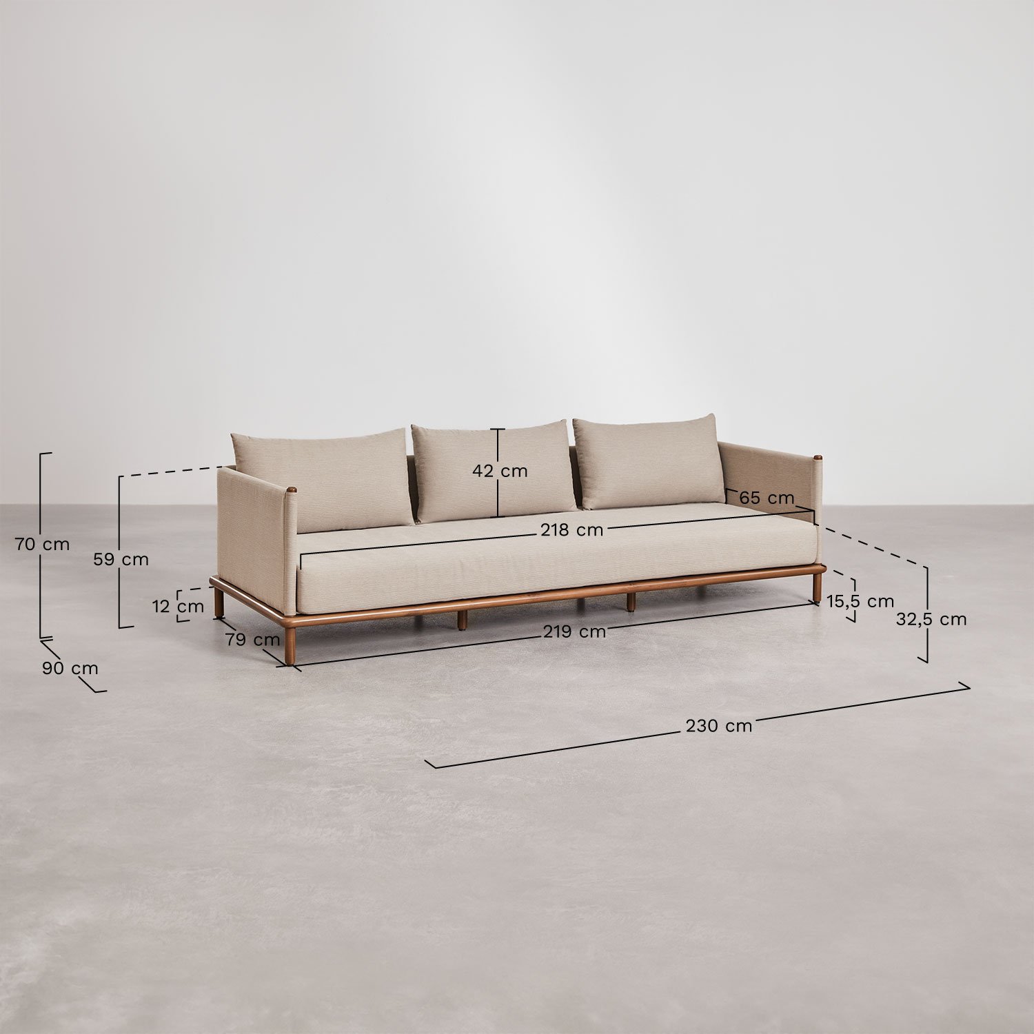 Ensemble de salon avec canapé 3 places, 2 fauteuils et 2 tables basses rondes en bois d'acacia Olivia, mesures