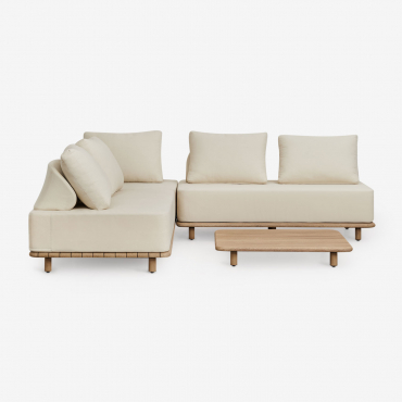 Ensemble De Salon Avec Canapé Modulaire D'angle 3 Pièces Et Table Basse 95x95 Cm En Acacia Portet Blanc Gardenia - Sklum
