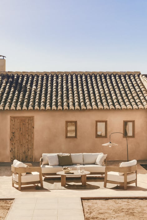 Ensemble de jardin avec canapé 3 places, 2 fauteuils et table basse en bois d'acacia Uleno - Acacia Marron Clair