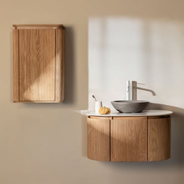 Ensemble De Meubles De Salle De Bain En Bois Carsone Bois Naturel & Bois Naturel & Ciment Gris Rond Ø40 Cm Tarsis & Sans Miroir & Blanc - Sklum