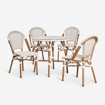 Ensemble Table Ronde Bistro Brielle Ø80 Cm Et 4 Chaises De Jardin Empilables En Textilène Et Aluminium Blanc Gardenia - Sklum