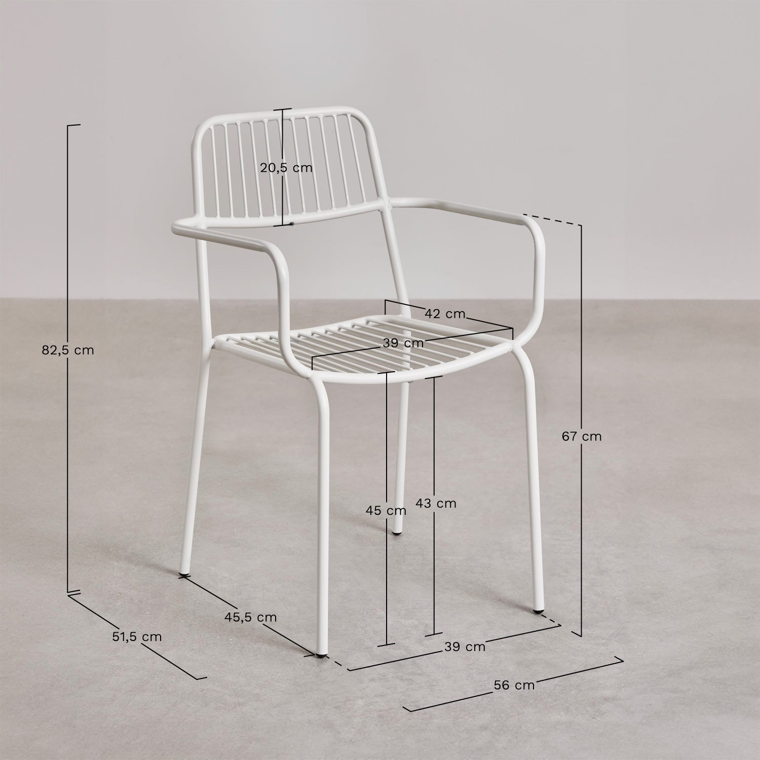 Lot de 2 chaises de salle à manger empilables Elton avec accoudoirs, mesures