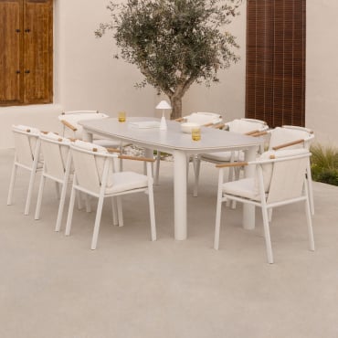 Ensemble Table Rectangulaire Extensible 220-280x100 Cm En Céramique Zinti Et 8 Chaises De Jardin En Aluminium Et Tissu Bouclé Ye Beige Crème - Sklum