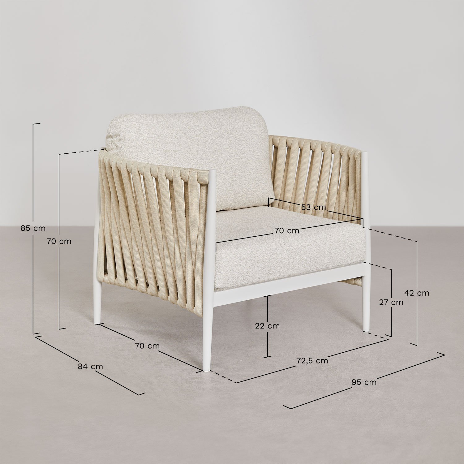 Ensemble de jardin avec canapé 3 places, table basse rectangulaire 120x70 cm et 2 fauteuils en aluminium Sereilen, mesures