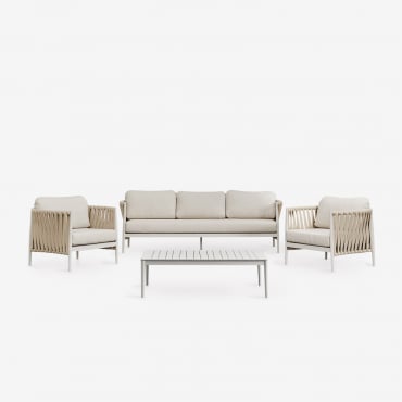 Ensemble De Salon Avec Canapé 3 Places, Table Basse Rectangulaire 120x70 Cm Et 2 Fauteuils Sereilen En Aluminium Bouclé Couleurs Naturelles - Sklum