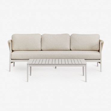 Salon De Jardin Avec Canapé 3 Places En Tissu Bouclé Et Table Basse Rectangulaire 120x70 Cm En Aluminium Sereilen Blanc Gardenia - Sklum