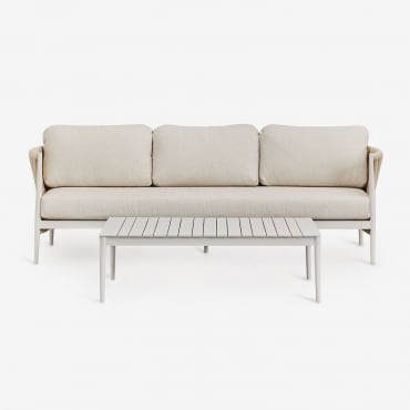 Ensemble De Salon Avec Canapé 3 Places En Tissu Bouclé Et Table Basse Rectangulaire 120x70 Cm En Aluminium Sereilen Blanc Gardenia - Sklum