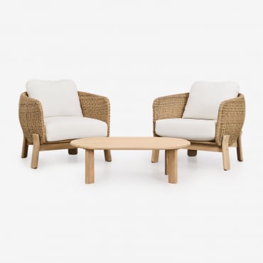 Ensemble De Salon Avec 2 Fauteuils Et Table Basse En Bois D'acacia Et Rotin Leilan Acacia Marron Clair - Sklum