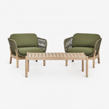 Salon De Jardin Composé De 2 Fauteuils Et Table Basse En Bois D'acacia Et Corde Tressée Karvia Bouclé Vert Sauge - Sklum