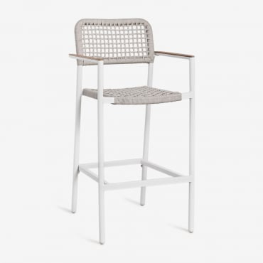 Lot De 2 Tabourets De Jardin Hauts Nediam Avec Accoudoirs En Aluminium Et Corde Tressée Blanc - Sklum