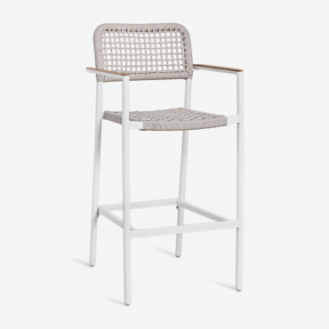 Lot De 4 Tabourets De Jardin Hauts Nediam Avec Accoudoirs En Aluminium Et Corde Tressée Blanc - Sklum