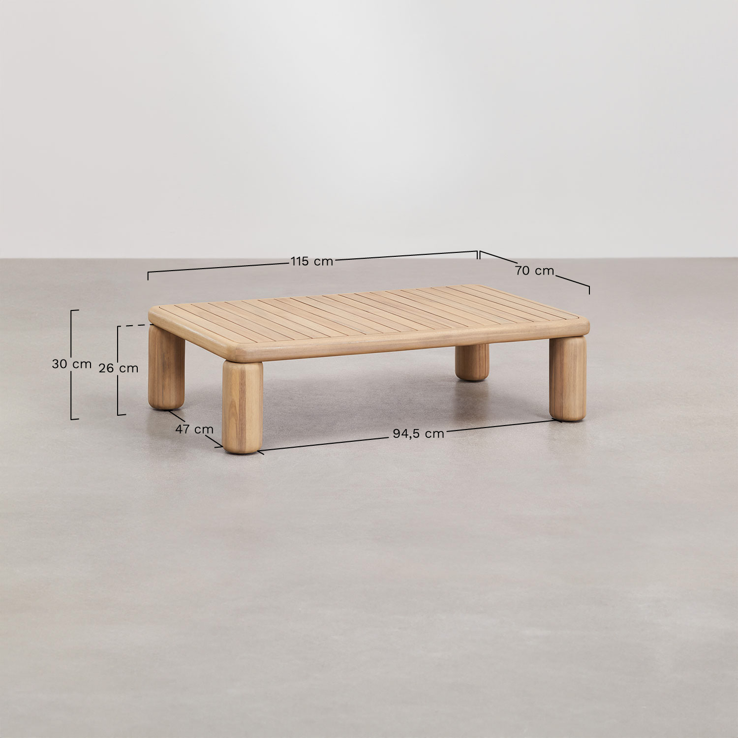 Ensemble de salon avec canapé 2 places, 2 fauteuils et table basse en bois d'acacia 125x80 cm Ioanis, mesures