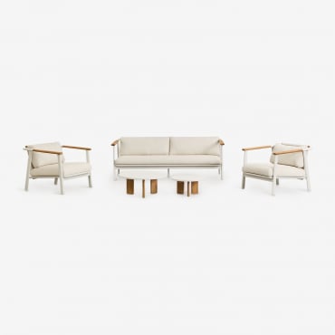 Ensemble De Jardin Avec Canapé 3 Places En Tissu Bouclé, 2 Tables Basses Et 2 Fauteuils En Aluminium Yervin Bouclé Couleurs Naturelles - Sklum