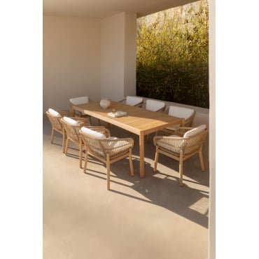 Ensemble table rectangulaire 220x100 cm et 8 chaises de jardin en bois d'acacia et corde tressée Karvia