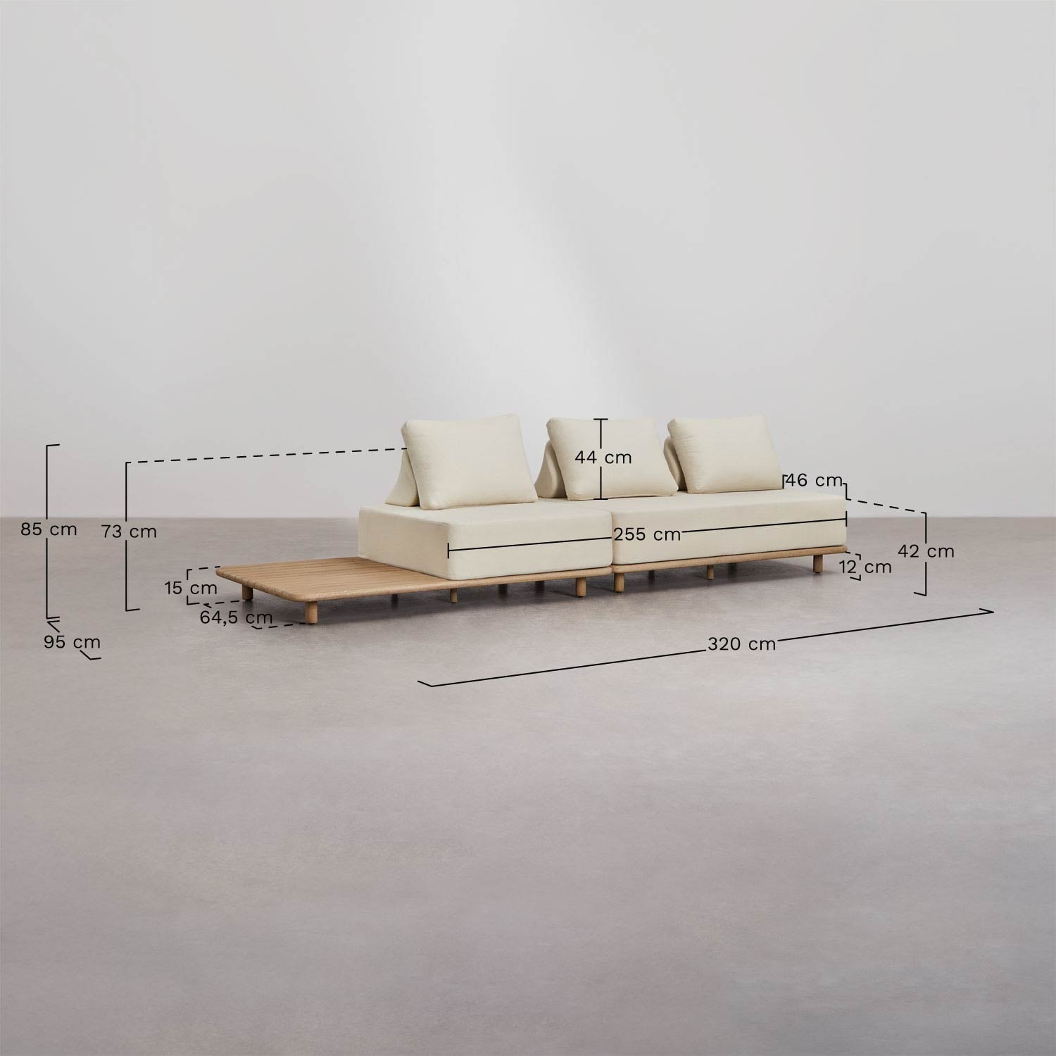 Canapé modulable avec chaise longue 2 pièces pour jardin avec table d'appoint en acacia Portet, mesures
