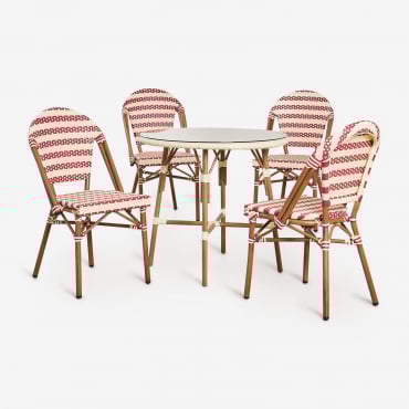 Ensemble Table Ronde Ø80 Cm Brielle Bistro Et 4 Chaises Empilables En Rotin Synthétique Et Aluminium Solange Bistro Beige Crème - Rouge Bordeaux -