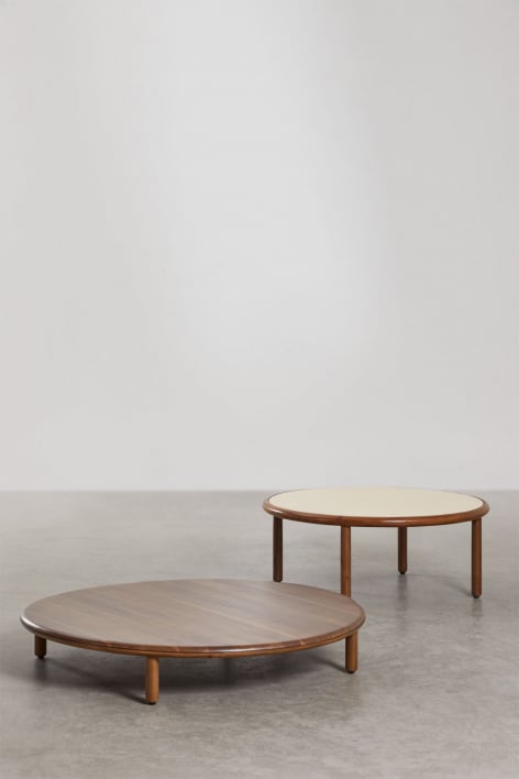 Set de 2 tables basses rondes en bois d'acacia Olivia - Brun Acacia foncé - Beige Semoline