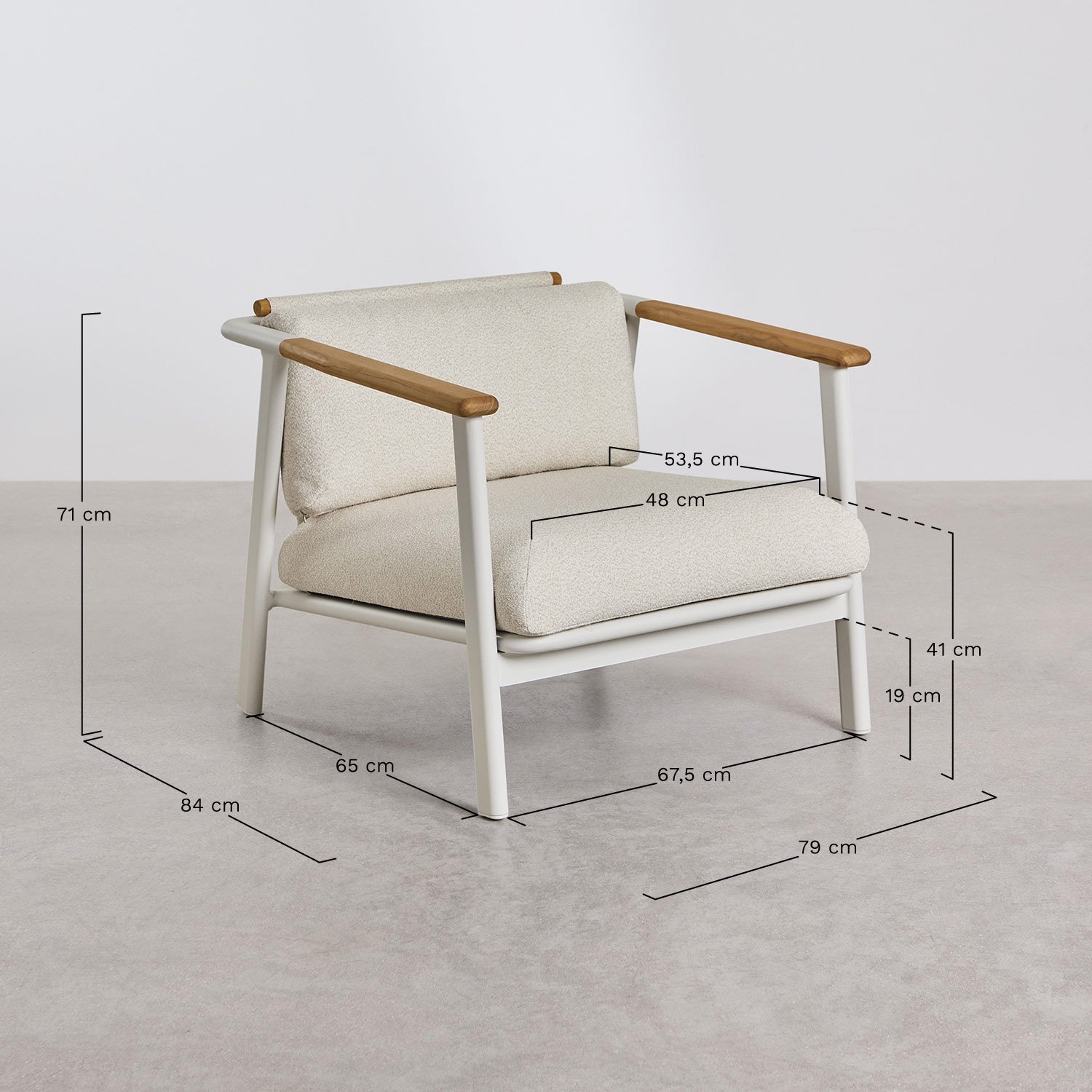 Ensemble de jardin avec 2 fauteuils en tissu bouclé et 2 tables basses en aluminium Yervin, mesures