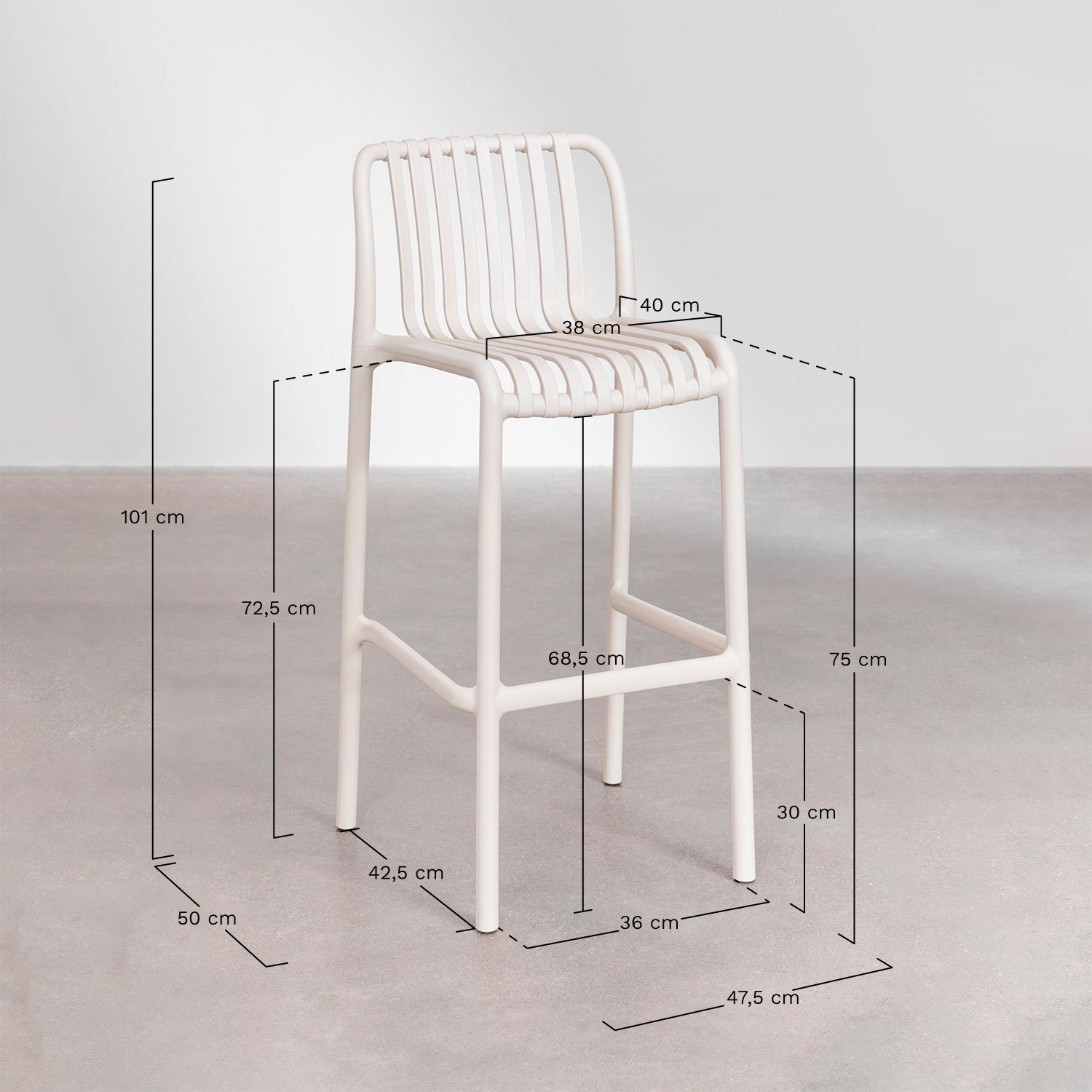 Lot de 4 tabourets hauts empilables Wendell en polypropylène, mesures