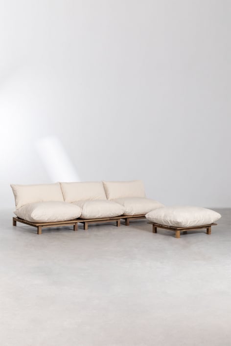 Canapé modulaire inclinable 3 pièces avec pouf en bois d'acacia Brina - Beige Crème