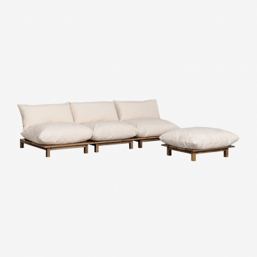 Canapé Inclinable Modulaire 3 Pièces Avec Pouf En Bois D'acacia Brina Beige Crème - Sklum