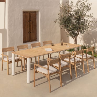 Ensemble Table Rectangulaire 260x100 Cm En Aluminium Et Bois De Teck Sirka Et 8 Chaises De Jardin Avec Accoudoirs En Bois Saira Bois De Teck Clair -