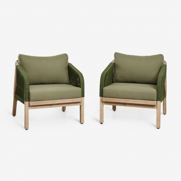 Pack De 2 Fauteuils En Bois D'acacia Dubai Acacia Rustique Marron & Tissu Vert Militaire - Sklum