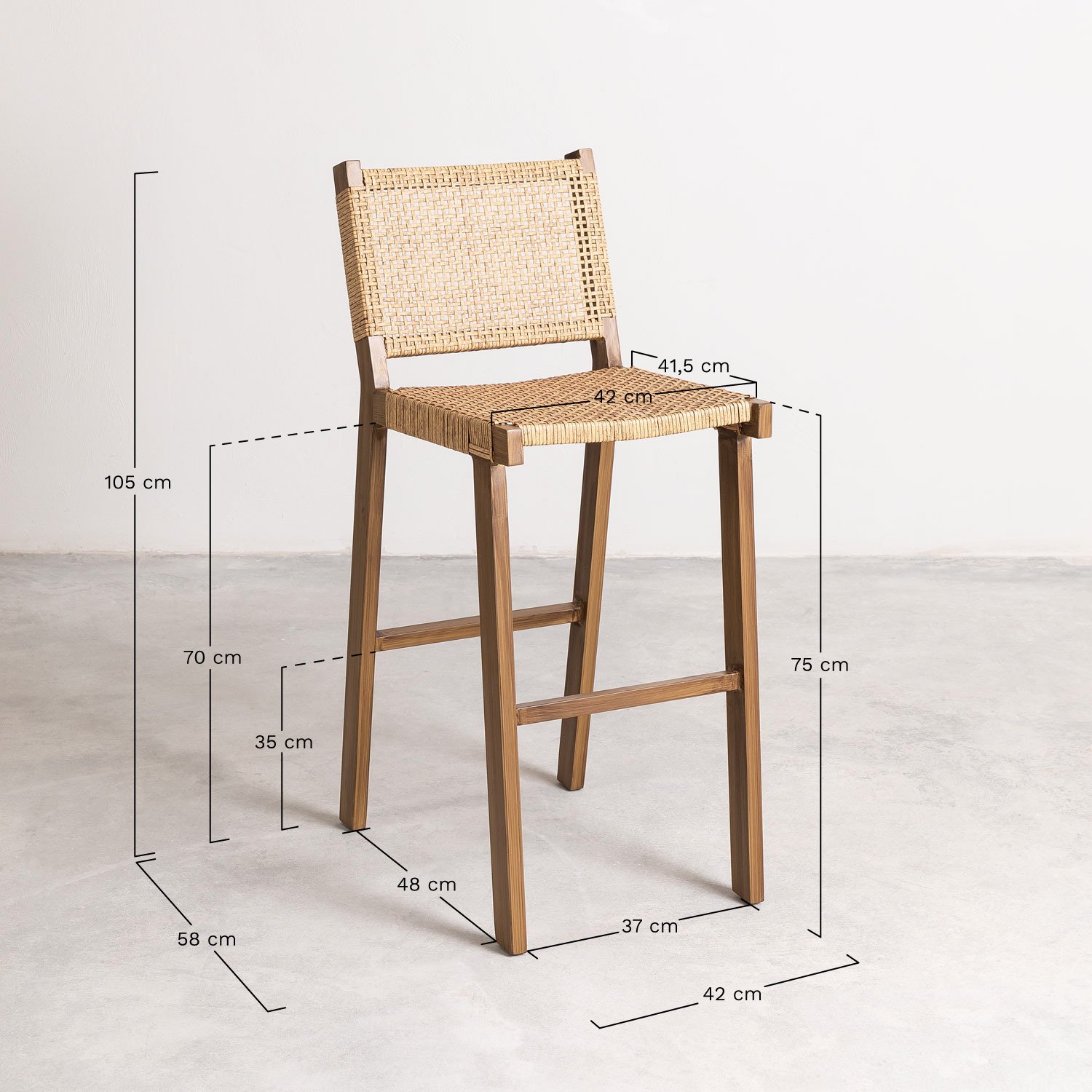 Pack de 4 tabourets hauts 75 cm en rotin synthétique Ori, mesures