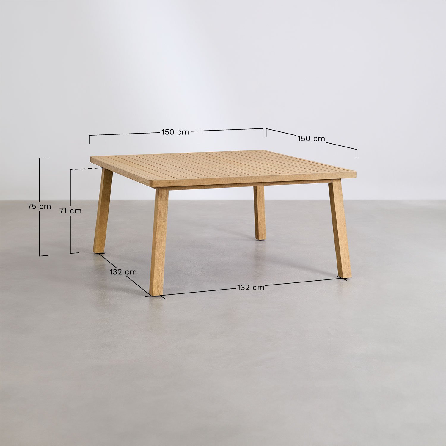 Ensemble table carrée 150x150 cm et 8 chaises de jardin avec accoudoirs en bois d'acacia de Dubaï, mesures