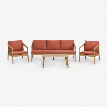 Ensemble De Salon Avec Canapé 3 Places, 2 Fauteuils Et Table Basse En Bois D'acacia Et Corde Tressée Kaela Rouge Tuile & Brun Acacia - Sklum