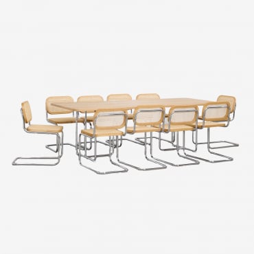 Ensemble Table Rectangulaire 240x100 Cm En Mdf Et Acier Inoxydable Et 10 Chaises De Salle À Manger En Rotin Tento Placage De Frêne - Sklum