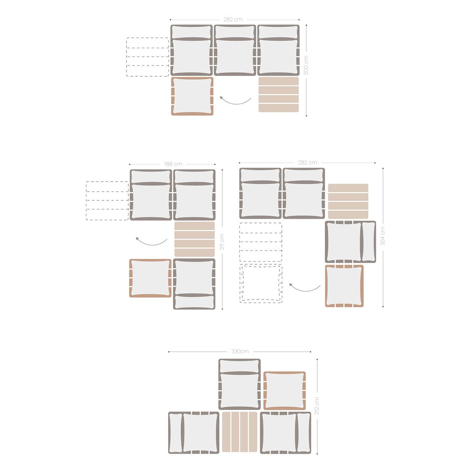 Ensemble de jardin avec canapé de jardin inclinable modulable 3 pièces avec table basse et pouf en bois d'acacia Brina   , mesures