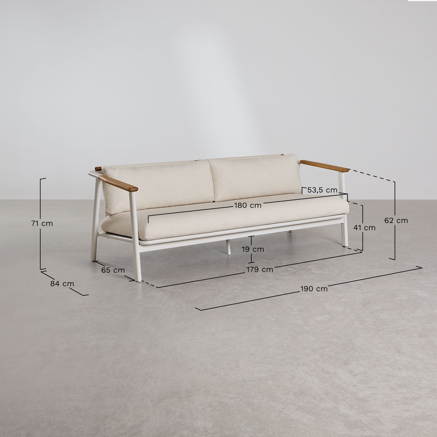 Ensemble de salon avec canapé 3 places en tissu bouclé et 2 tables basses Yervin en aluminium, mesures