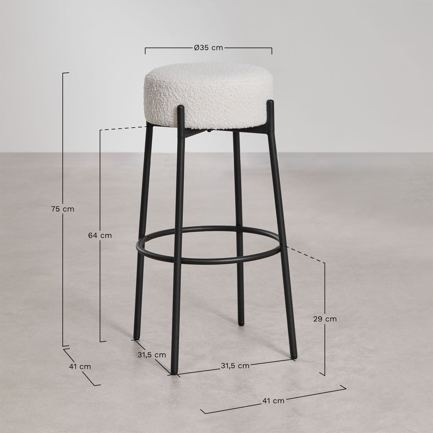 Pack de 2 tabourets hauts 75 cm rembourrés Anisa, mesures