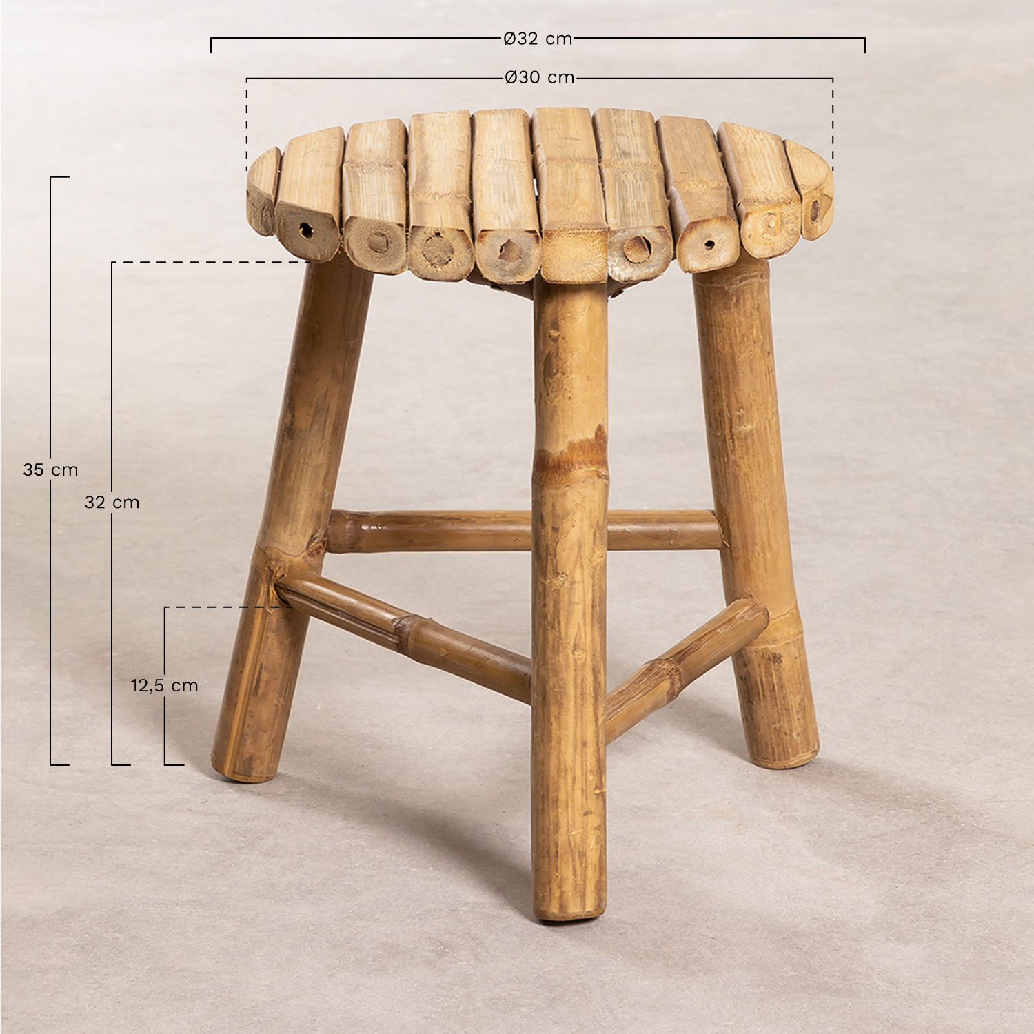 Tabouret bas en bambou Barlou, mesures
