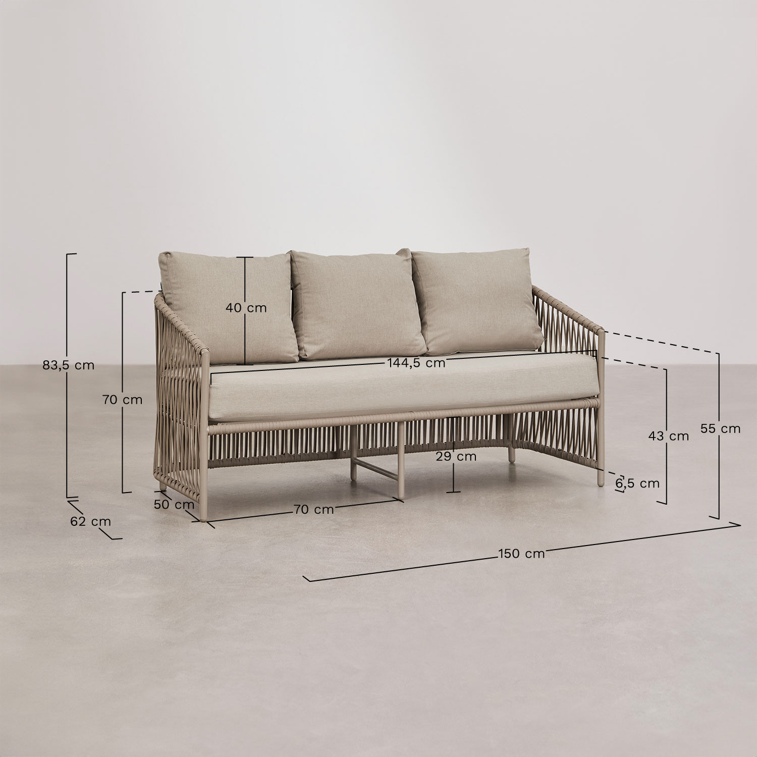 Ensemble de jardin composé d'un canapé 2 places, de 2 fauteuils et de tables basses en aluminium et corde tressée Sophie., mesures