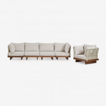 Ensemble De Jardin Avec Canapé Modulaire De 4 Pièces Avec 2 Fauteuils D'angle Et Fauteuil En Bois D'acacia Dailin Brun Acacia - Sklum