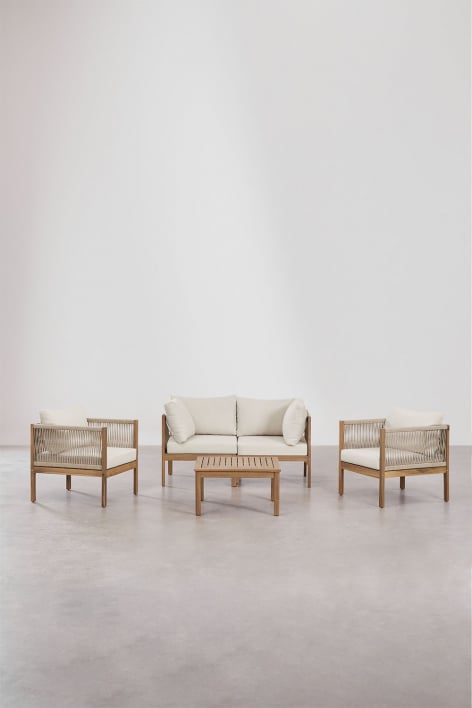 Ensemble de salon avec canapé modulable 2 pièces avec accoudoirs, 2 fauteuils et table basse en bois d'acacia Branson