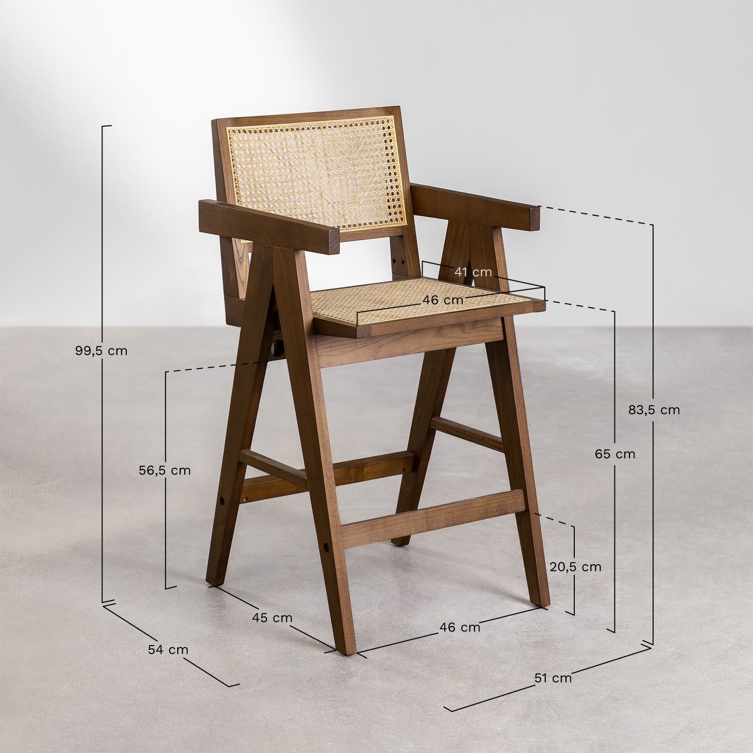 Tabouret haut Lali 65 cm en frêne et rotin, mesures