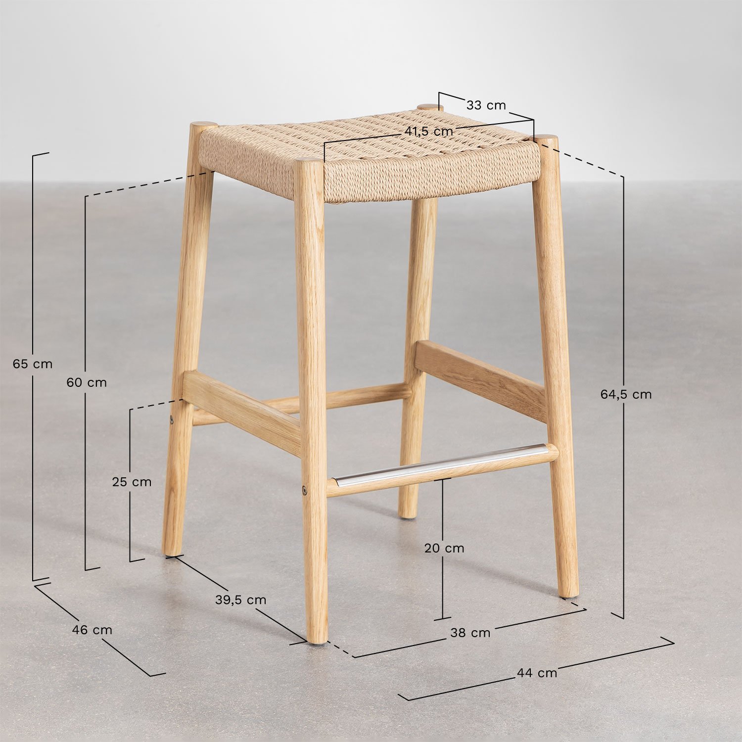 Pack de 2 Tabourets Hauts en Bois de Chêne et Corde Tressée (66 cm) Mara, mesures