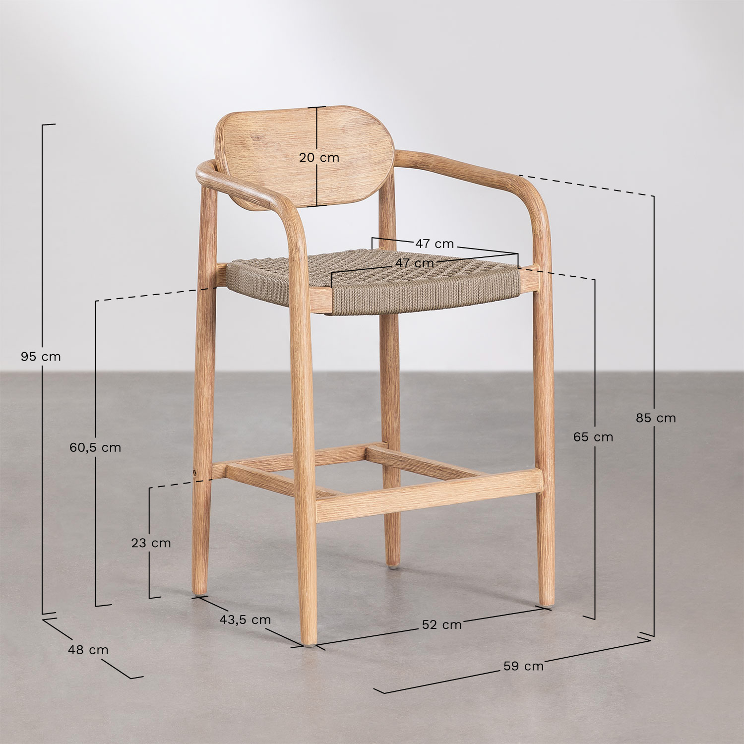 Tabouret haut 65 cm en bois Naele, mesures