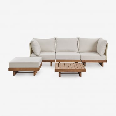 Ensemble De Salon Avec Canapé Modulable 3 Pièces Avec 2 Fauteuils D'angle, Table Basse Et Pouf En Bois D'acacia Dailin Brun Acacia - Sklum