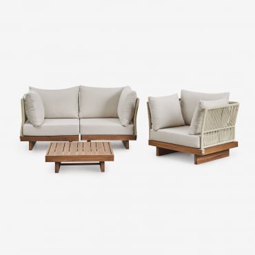 Ensemble De Salon Avec Canapé Modulable 2 Pièces Avec 2 Chaises D'angle, Table Basse Et Fauteuil En Bois D'acacia Dailin Brun Acacia - Sklum