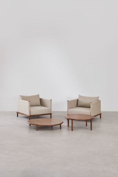 Ensemble de salon avec 2 fauteuils et 2 tables basses rondes en bois d'acacia Olivia - Brun Acacia foncé