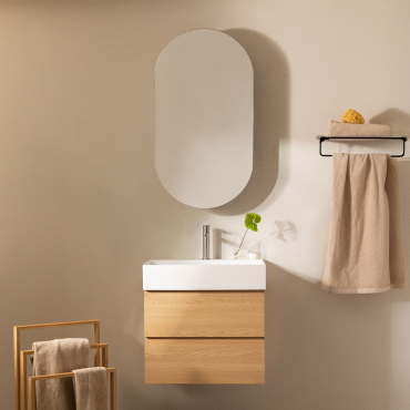 Ensemble De Meuble De Salle De Bain En Bois Et Placage De Frêne Avec Lavabo Intégré Ona Bois Naturel & Ovale Avec Rangement Noir 50x90 - Sklum