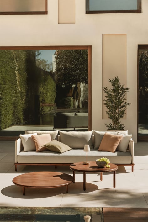 Ensemble de jardin avec canapé 3 places et 2 tables basses rondes en bois d'acacia Olivia