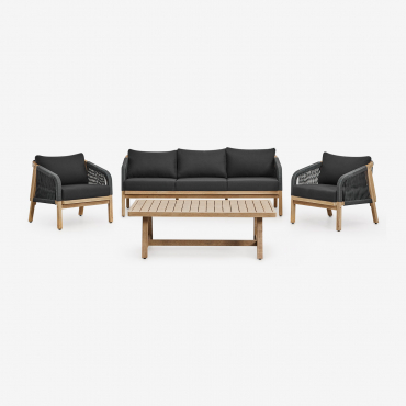 Salon De Jardin Avec Canapé 3 Places, 2 Fauteuils Et Table Basse En Bois D'acacia Dubaï Gris Graphite & Acacia Rustique Marron - Sklum